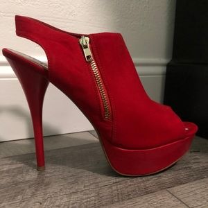 Red suede open toe sling back stiletto heels